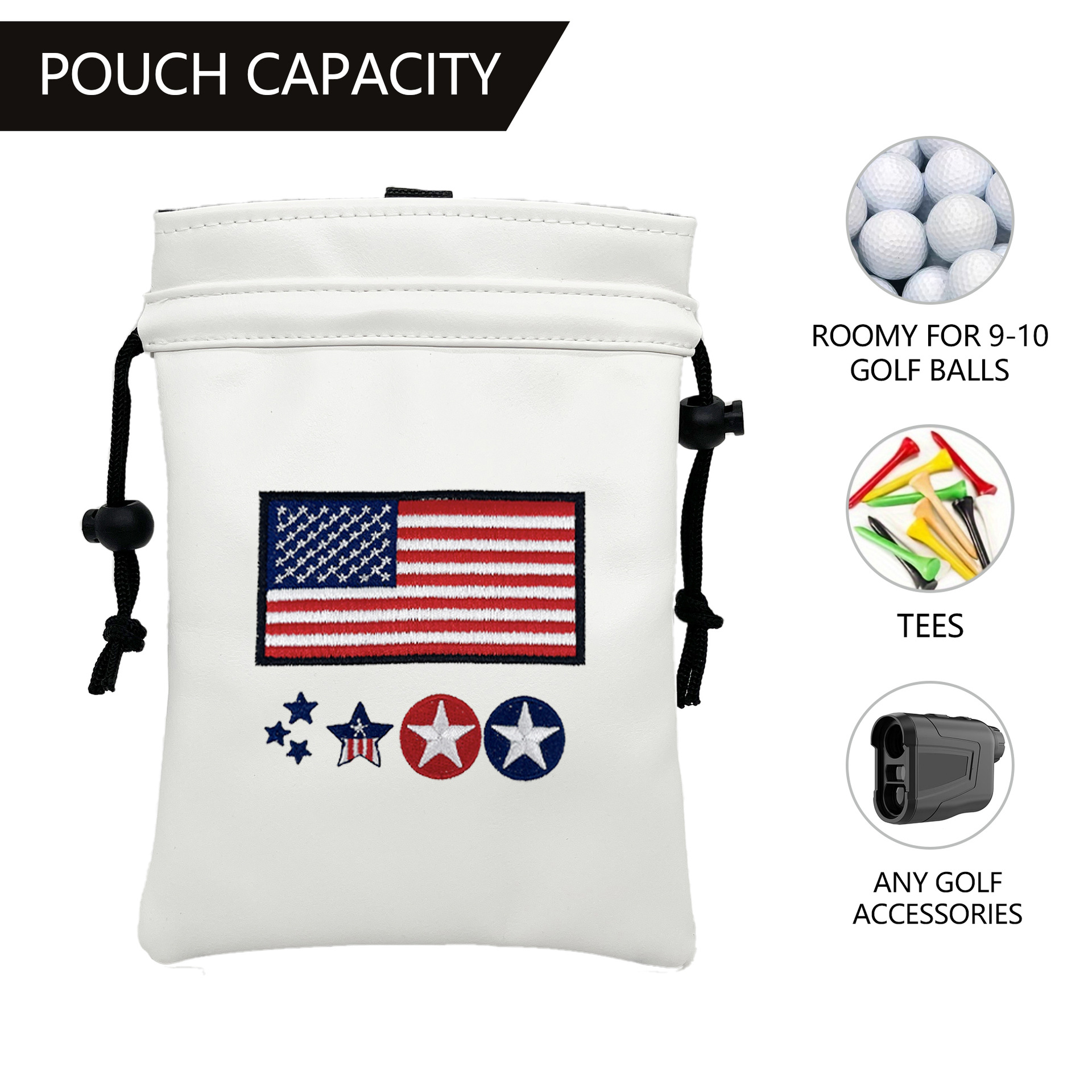 Golf Leather Drawstring Small Ball Bag with American Flag Embroidery