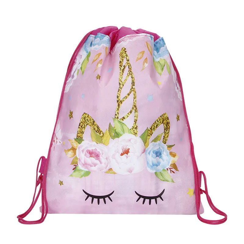 Pink Unicorn Cartoon Kids Drawstring Backpack Nylon String Travel Sports Shoes Drawstring Backpack