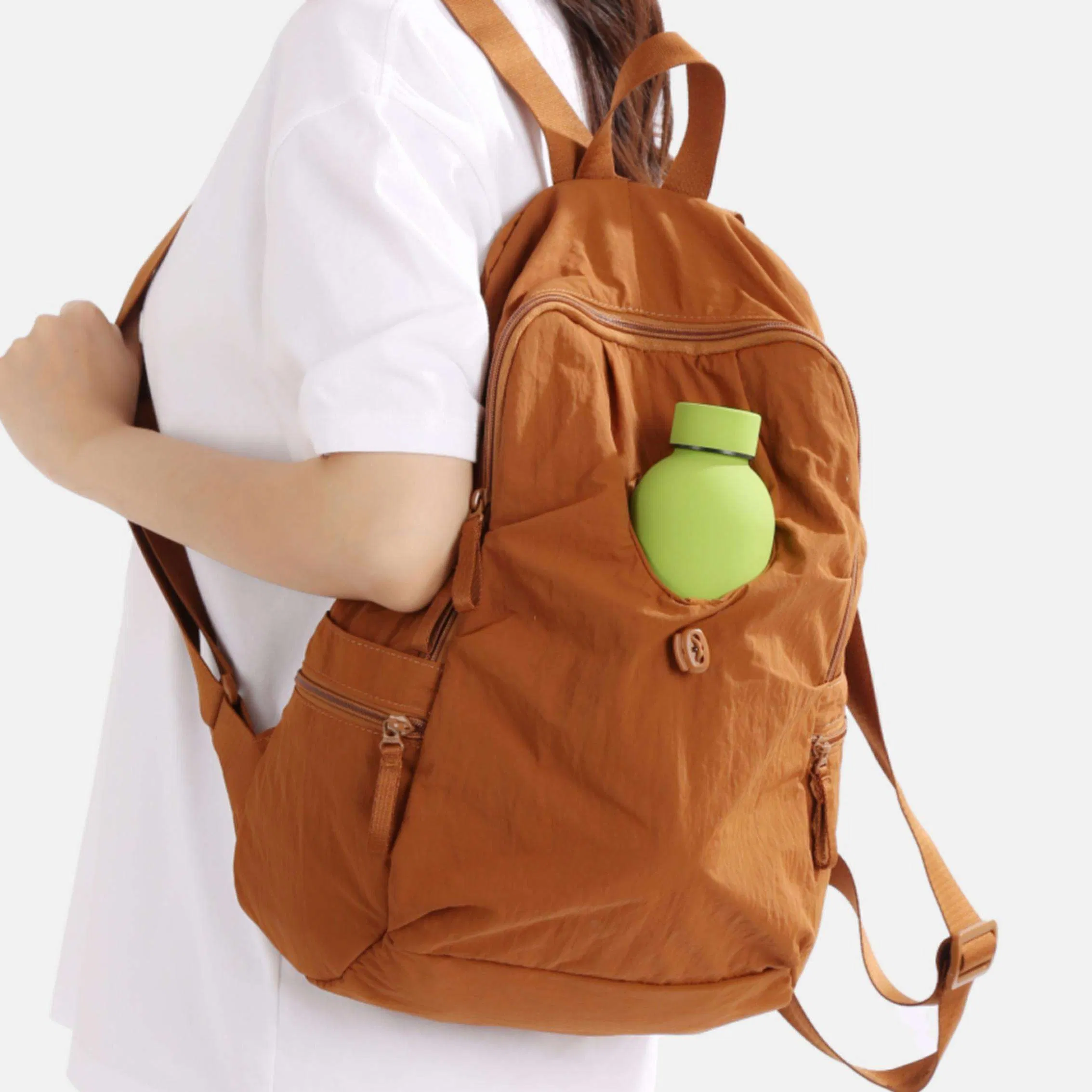 Light Green Unisex Nylon Backpack Drawstring Water Bottle Outer Pocket Custom Logo Polyester Lining Zipper Closure for Leisure Travel School