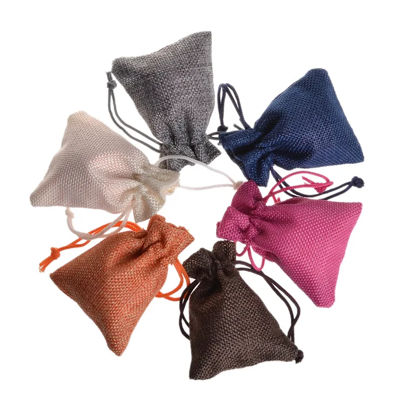 Colorful Linen Jewelry Necklace Pouch Jute Drawstring Gift Bag