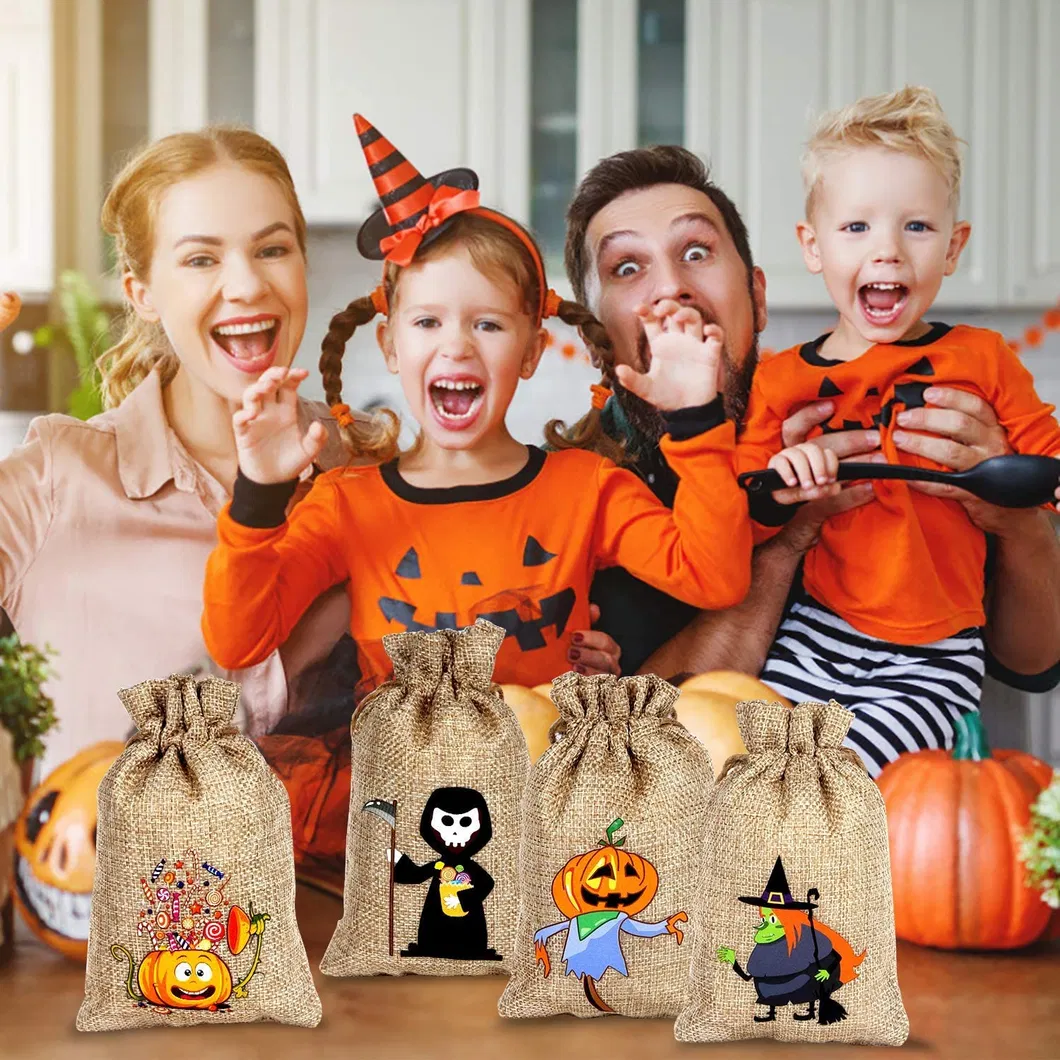 Halloween Treat Jute Candy Gift Sack Pouches with Two Drawstring for Halloween Favors Burlap Bag