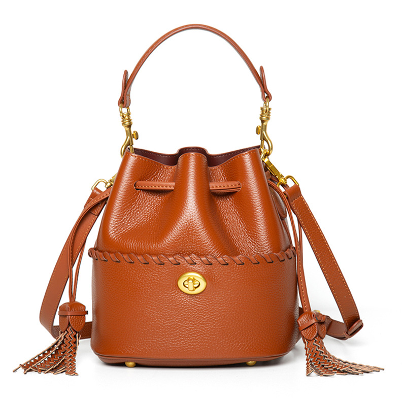 Women's Durable Genuine Leather Bucket Bag Casual Fashion Drawstring Design Crossbody Shoulder Bag 3L+ 3pcs All Seasons