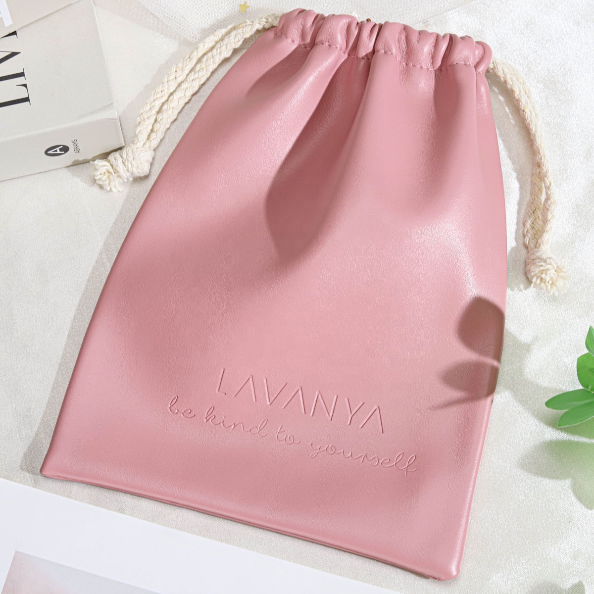 Custom Emboss Printed Pink Pu Leather Gift Power Bank Mobile Phone Packaging Drawstring Bag Waterproof Leather Dust Pouch