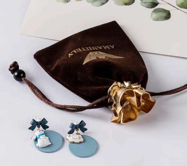 Blue Velvet Suede Jewelry Pouch with Silver Logo Suede Drawstring Gift Bag