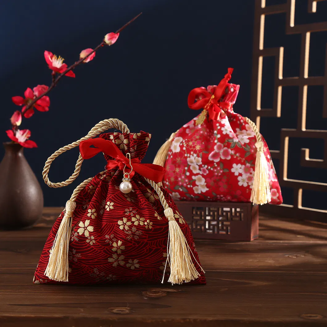 Factory Customized Japanese Style Hand-Held Gift Bags Drawstring Cotton Linen Printing Tassel Wedding Candy Bags