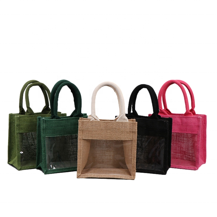Mini Green Jute Gift Bag with Clear Window, Small Burlap Tote with Handle for Wedding Favors, Baby Shower &amp; Party Souvenir