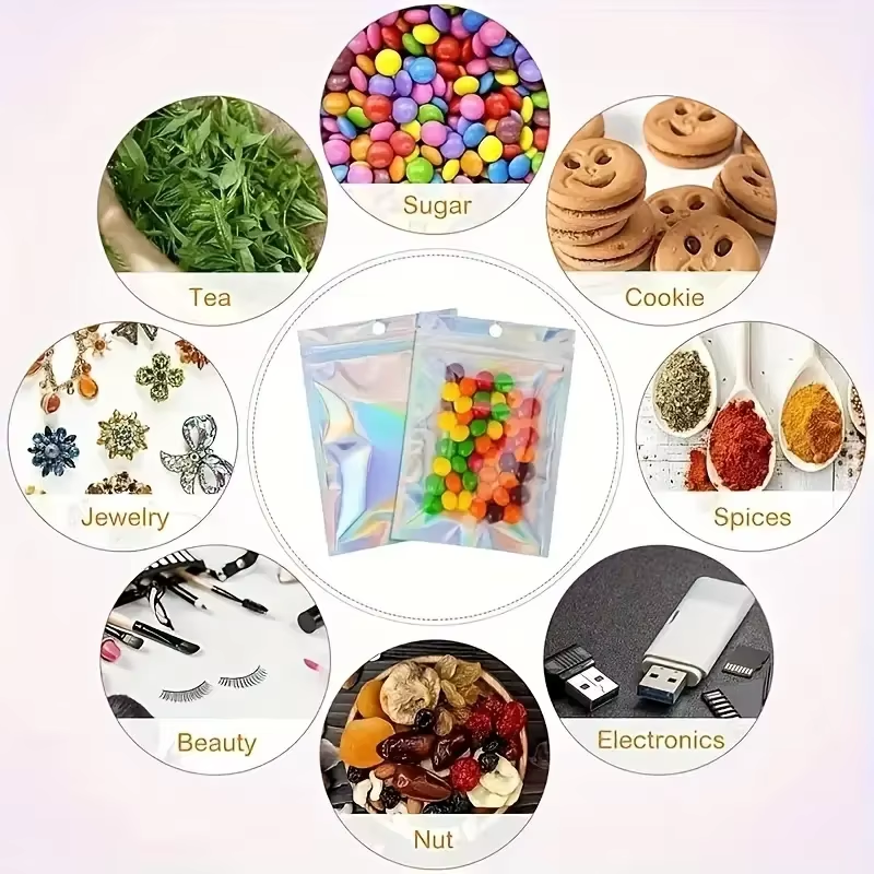 Customized Printed Colored Metallic Heat Sealing Plastic Holographic Laser Aluminum Foil Gold Zip Lock Mylar Bag for Candy Gifts