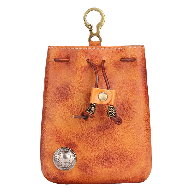 Vintage First Layer Cowhide Zipper Closure Waist Bag Retro Drawstring Storage with Earphone Key Small Coin Purse