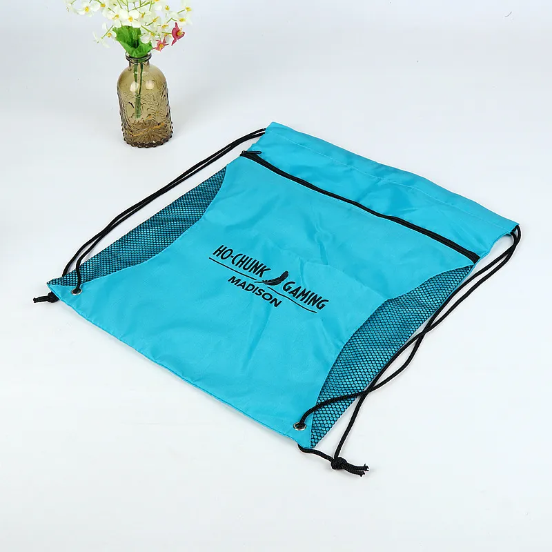 Custom Polyester Nylon Drawstring Backpack with Zipper Pocket Waterproof Gym Sports Training Bag