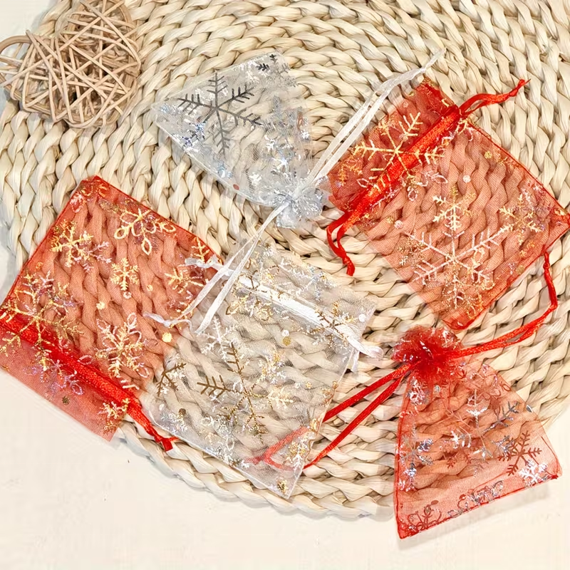 Christmas Snowflake Gold Foil Gauze Bags Gift Packaging Organza Christmas Decorations Gift Bags