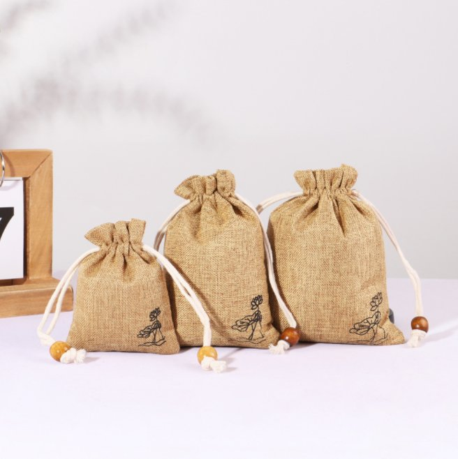 Wholesale Linen Pouches for Buddha Beads Custom Burlap Drawstring Jute Gunny Bag for Jewelry