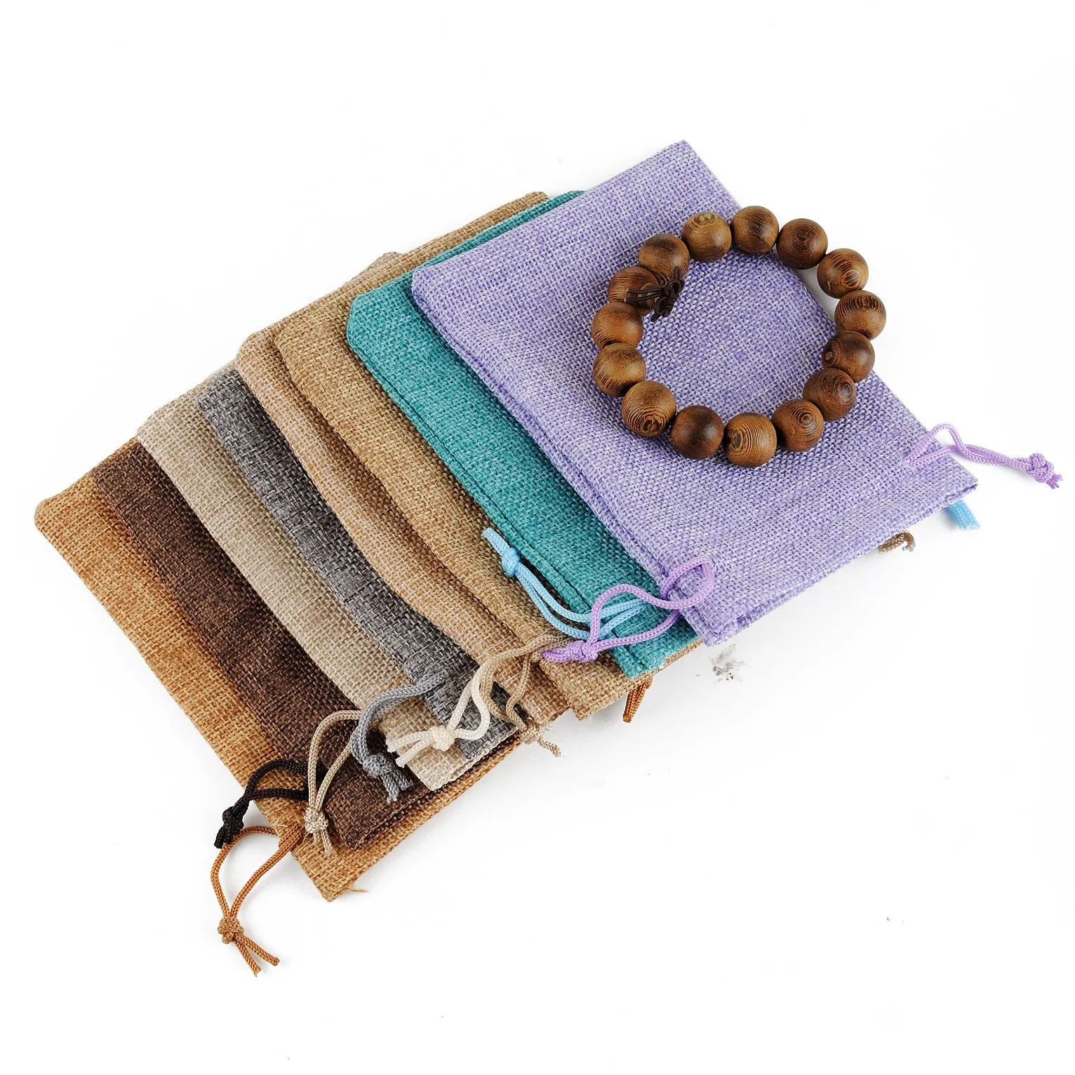 Colorful Linen Jewelry Necklace Pouch Jute Drawstring Gift Bag