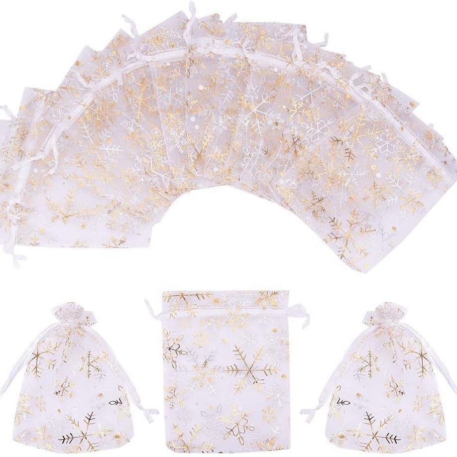 Christmas Snowflake Gold Foil Gauze Bags Gift Packaging Organza Christmas Decorations Gift Bags