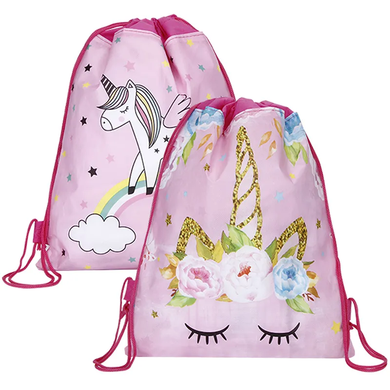 Pink Unicorn Cartoon Kids Drawstring Backpack Nylon String Travel Sports Shoes Drawstring Backpack
