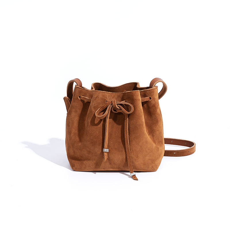 New Style Drawstring Retro Genuine Leather With Bow Design Shoulder Bag for Women Messenger Bag