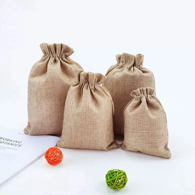 Custom Logo Printed Eco-Friendly Linen Pouch Shopping Drawstring Gift Jute Bag