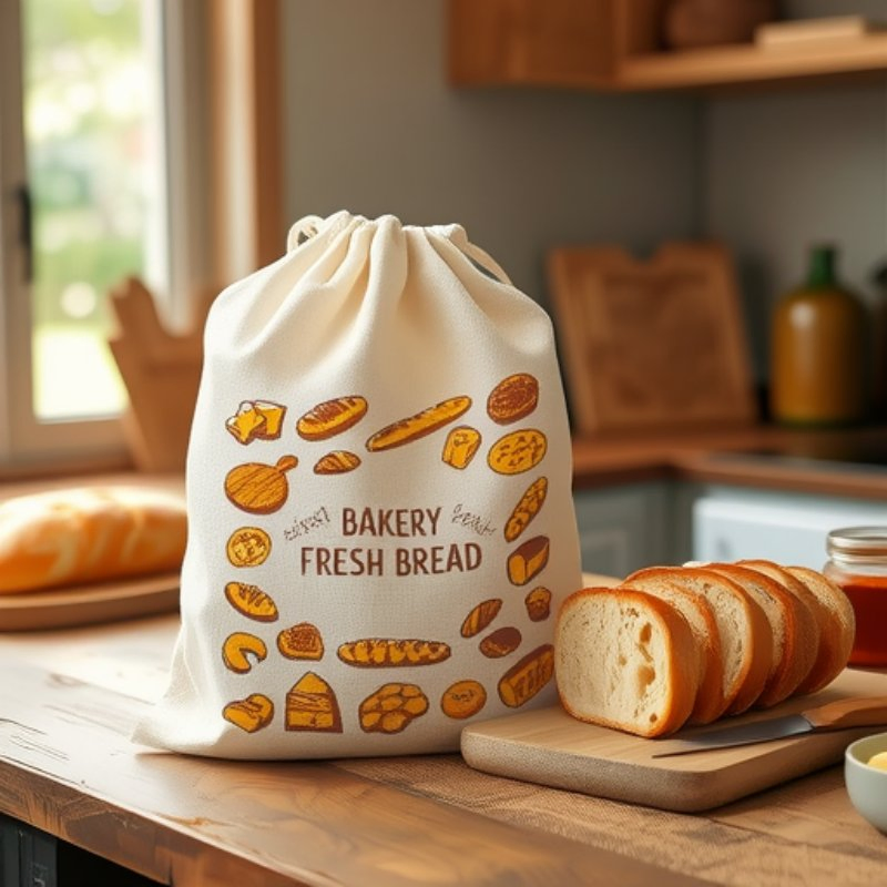Custom French Printed Reusable Drawstring Storage Jute Organic Cotton Linen Bread Bag
