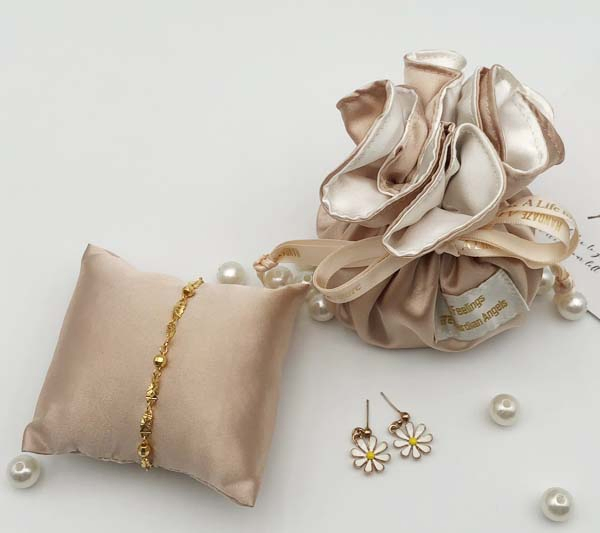 Satin Gift Pouch with Round Bottom Satin Jewelry Bag and Display Jewelry Cushion Set with Custom Logo Silk Ribbon Drawstring