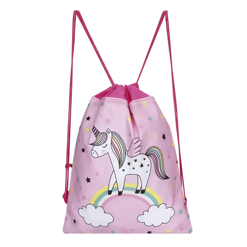 Pink Unicorn Cartoon Kids Drawstring Backpack Nylon String Travel Sports Shoes Drawstring Backpack