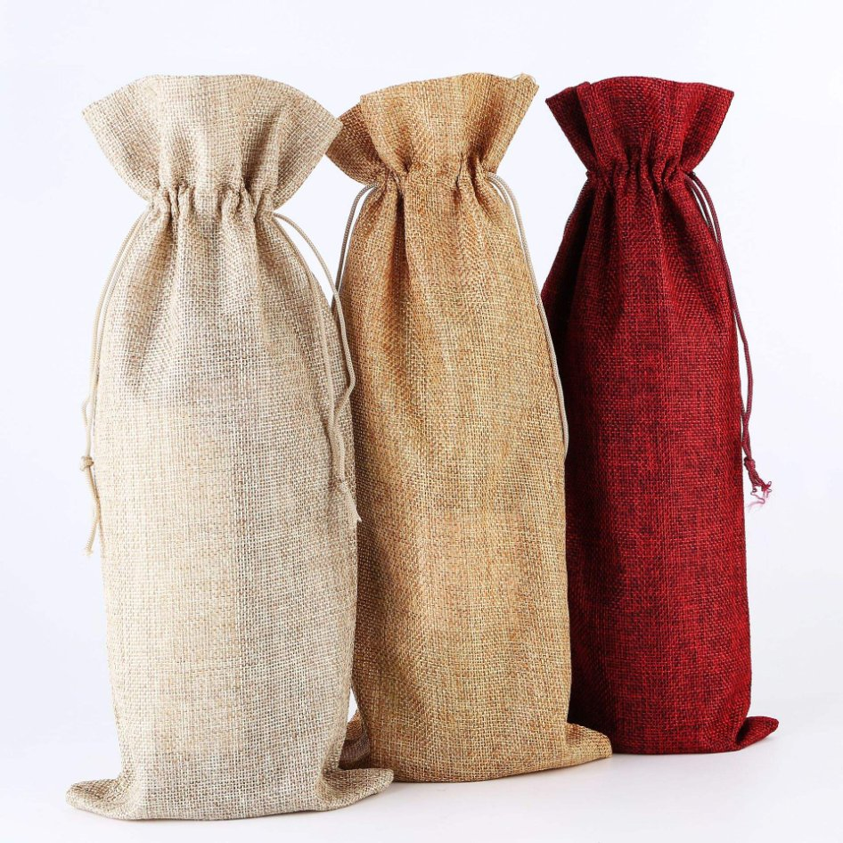 Custom Logo Wine Gift Bags Recyclable Beer Festival Present One Bottle Burlap Drawstring Jute Wine Bag