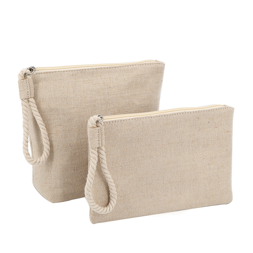 OEM Logo Custom Cotton Canvas Jute Makeup Cosmetic Zipper Pouch Bag Natural Jacquard Cotton Jute Fabric Organizer Bags for Phone