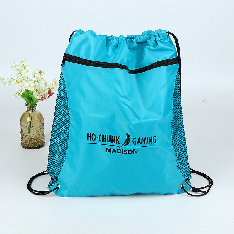 Custom Polyester Nylon Drawstring Backpack with Zipper Pocket Waterproof Gym Sports Training Bag