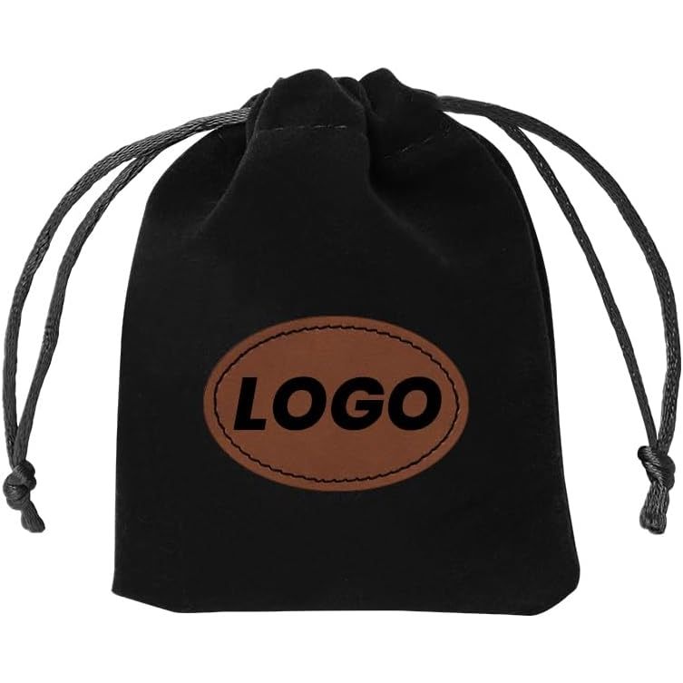 2025 Custom Tan Oval Leather Patch Drawstring Gift Bags 50 PCS Logo Name on Velvet Storage Pouches 6 X 8 Inch