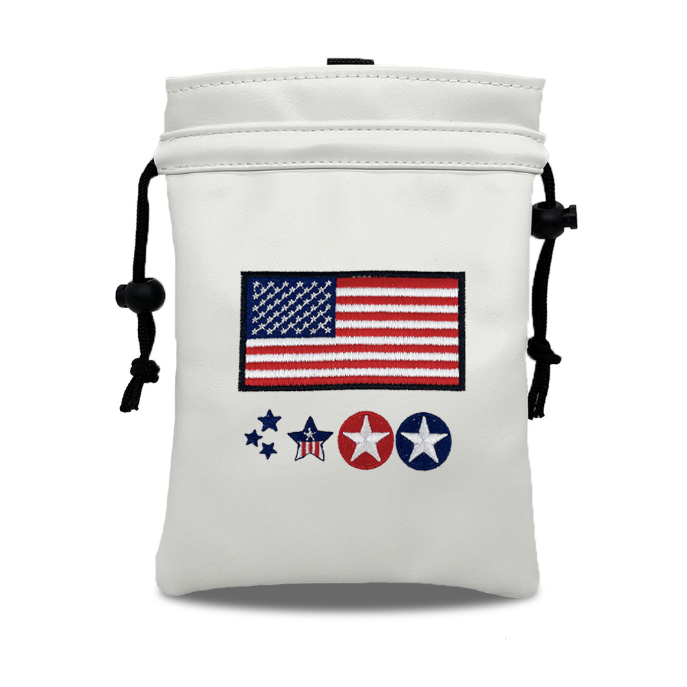 Golf Leather Drawstring Small Ball Bag with American Flag Embroidery