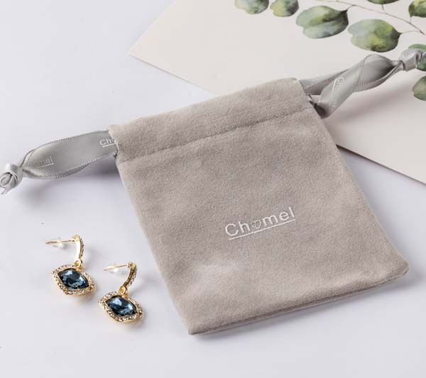 Blue Velvet Suede Jewelry Pouch with Silver Logo Suede Drawstring Gift Bag
