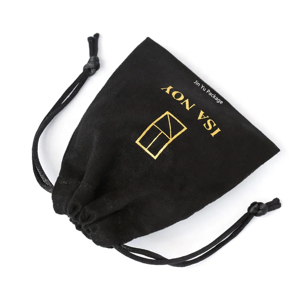 Custom Black Velvet Drawstring Velvet Jewelry Suede Packaging Pouch Bag with Gold Logo Printing