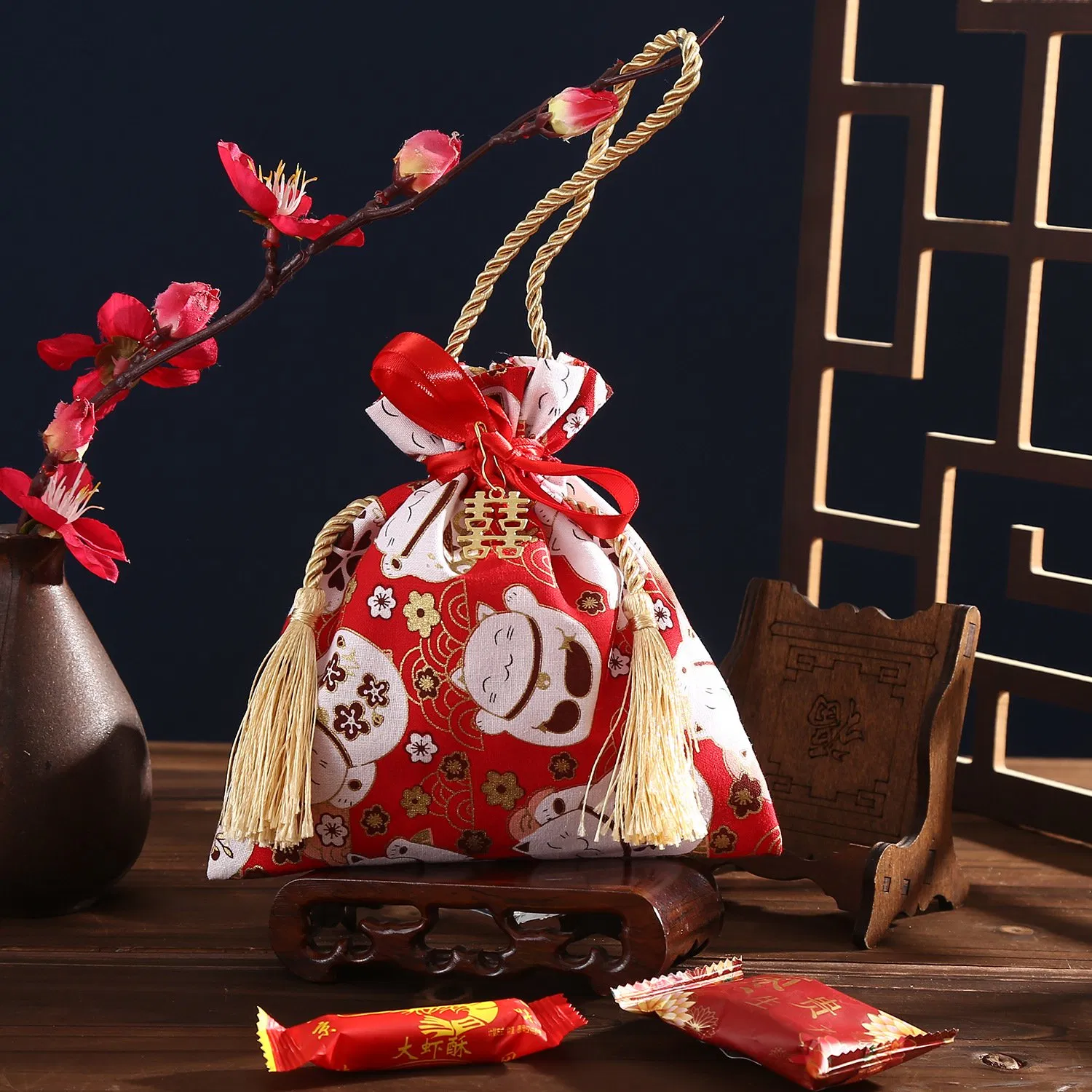 Factory Customized Japanese Style Hand-Held Gift Bags Drawstring Cotton Linen Printing Tassel Wedding Candy Bags