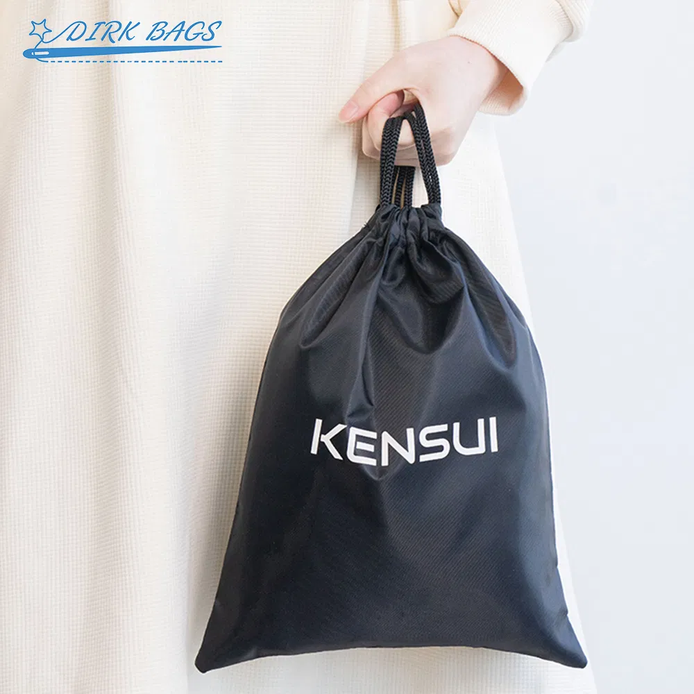 Custom Printed Reusable Black Twill Polyester Fabric Drawstring Packaging Bag Pouch