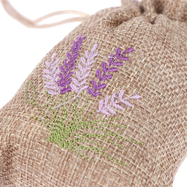 Lavender Embroidery Jute Drawstring Pouch Cotton Dust Storage Bag and Jewelry Gift Box for Party and Wedding