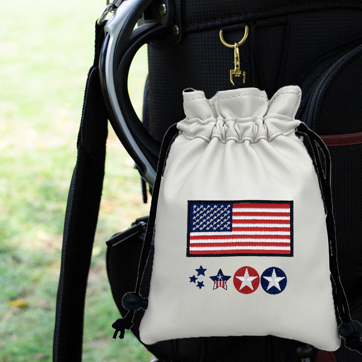 Golf Leather Drawstring Small Ball Bag with American Flag Embroidery