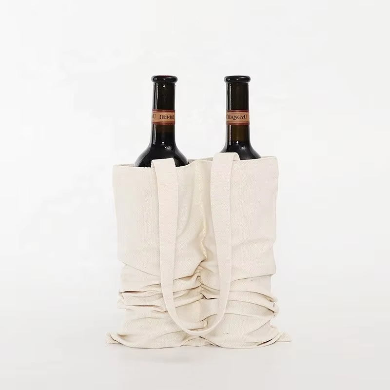 Popular Wedding Gift Canvas Wine Tote Bag with Drawstring Pocket for Wine Packaging for Shopping