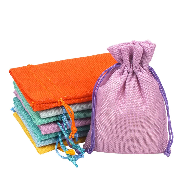Colorful Linen Jewelry Necklace Pouch Jute Drawstring Gift Bag