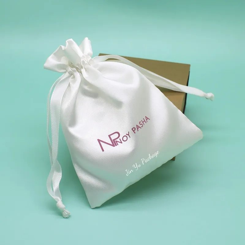 Luxury White Silk Satin Drawstring Jewelry Gift Packaging Pouch Bags