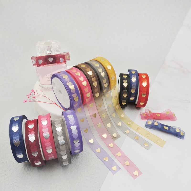 Custom Gold Foil Sheer Organza Printed Customised 5/8 Inch Black Polyester Foiled Tulle Organza Ribbon Roll With Printing