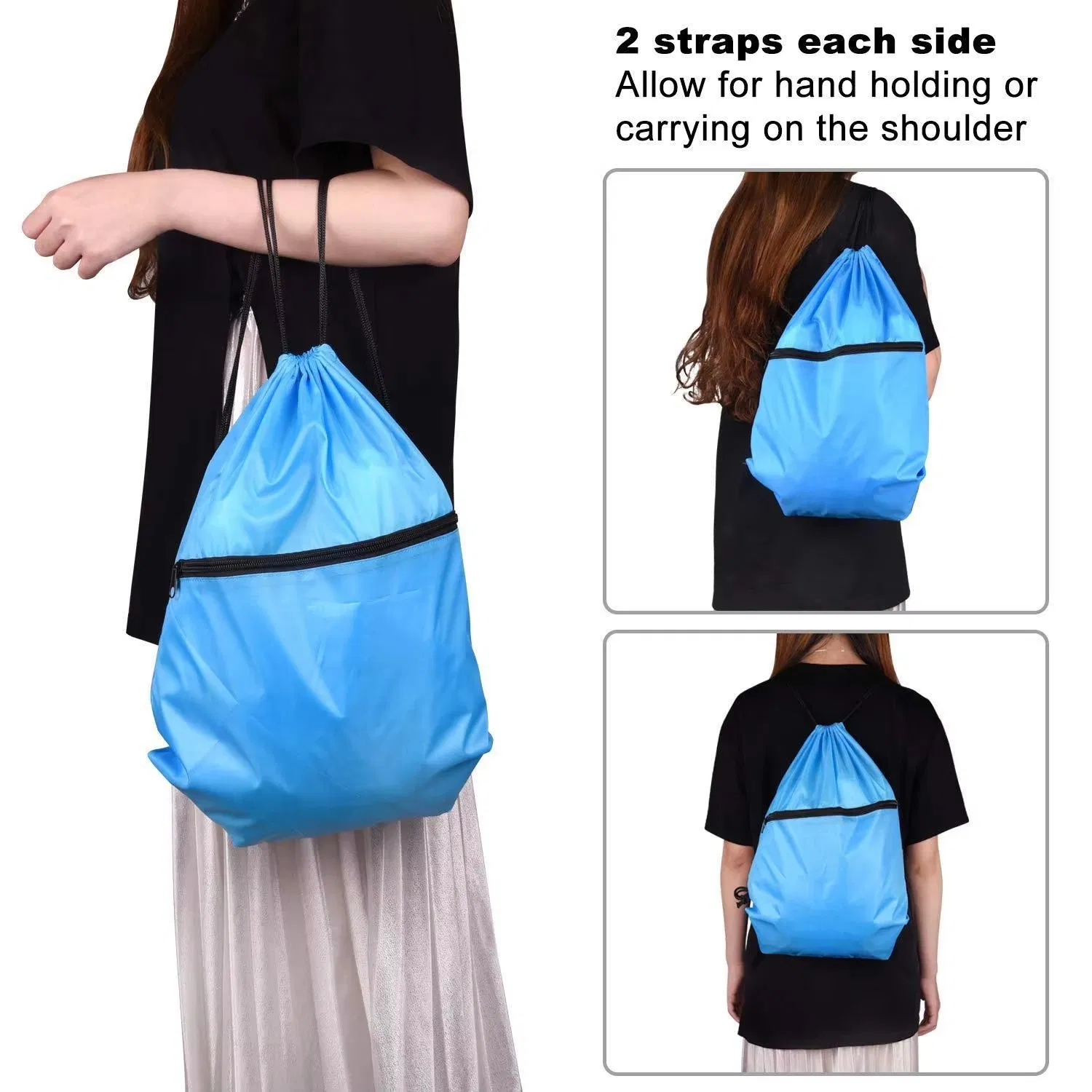 Custom Polyester Nylon Drawstring Backpack with Zipper Pocket Waterproof Gym Sports Training Bag