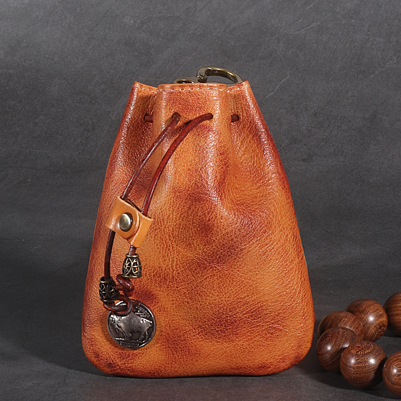 Vintage First Layer Cowhide Zipper Closure Waist Bag Retro Drawstring Storage with Earphone Key Small Coin Purse