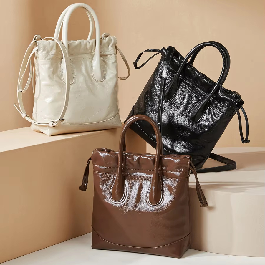 Jialing Niche Cowhide Vintage Drawstring Handbag Single Shoulder Crossbody Bucket Bag Custom Wholesale Contact Us for 5A Catalog