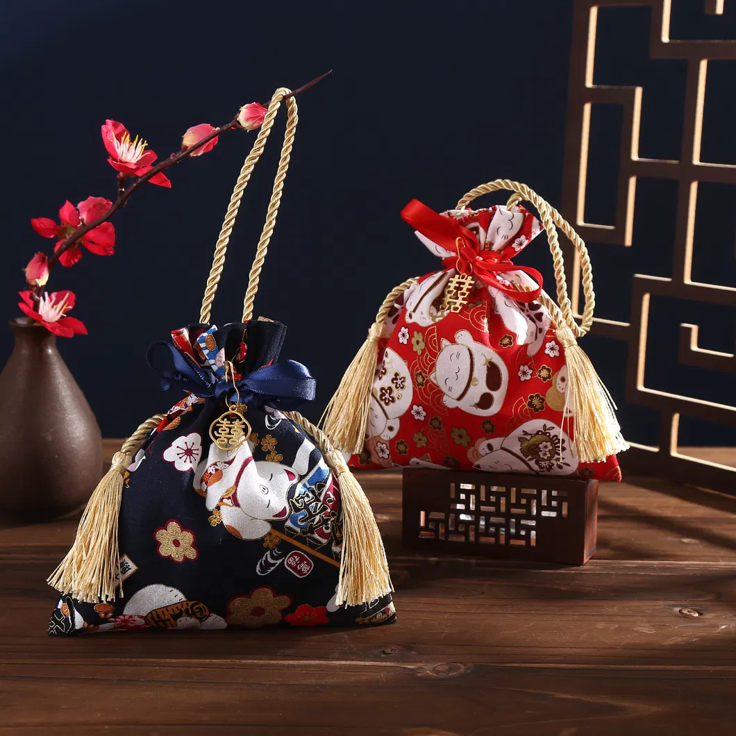 Factory Customized Japanese Style Hand-Held Gift Bags Drawstring Cotton Linen Printing Tassel Wedding Candy Bags