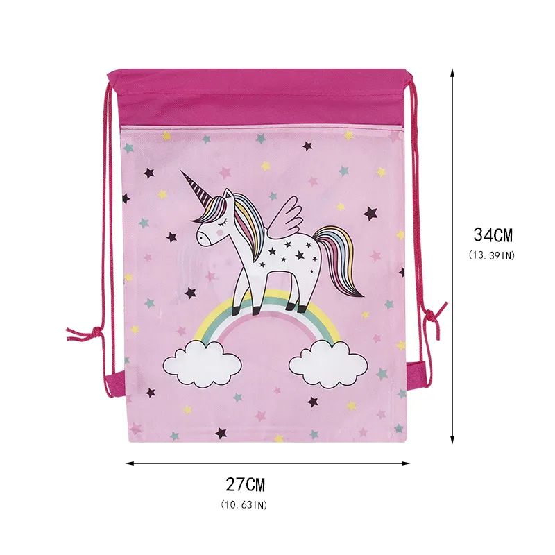 Pink Unicorn Cartoon Kids Drawstring Backpack Nylon String Travel Sports Shoes Drawstring Backpack