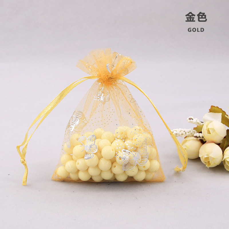 Metallic Gold Silver Foil Butterfly Organza Pouches Wholesale Drawstring Bags for Jewelry Cosmetics Christmas Gift Packaging