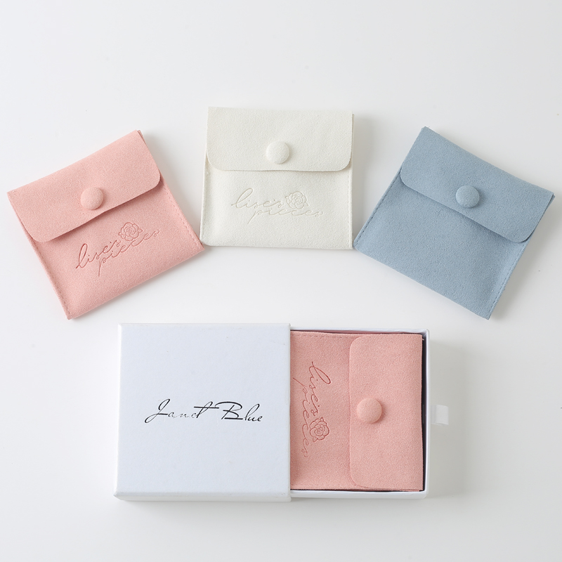 Custom Logo Luxury Snap Microfiber Jewelry Pouch with Insert Envelope Button Velvet Suede Gift Packaging Bag &amp; Pouch