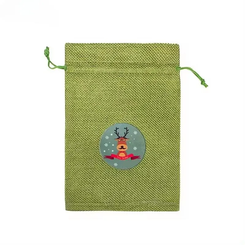 Custom New High Quality Green Linen Drawstring Bags for Packaging for Christmas Detail 4
