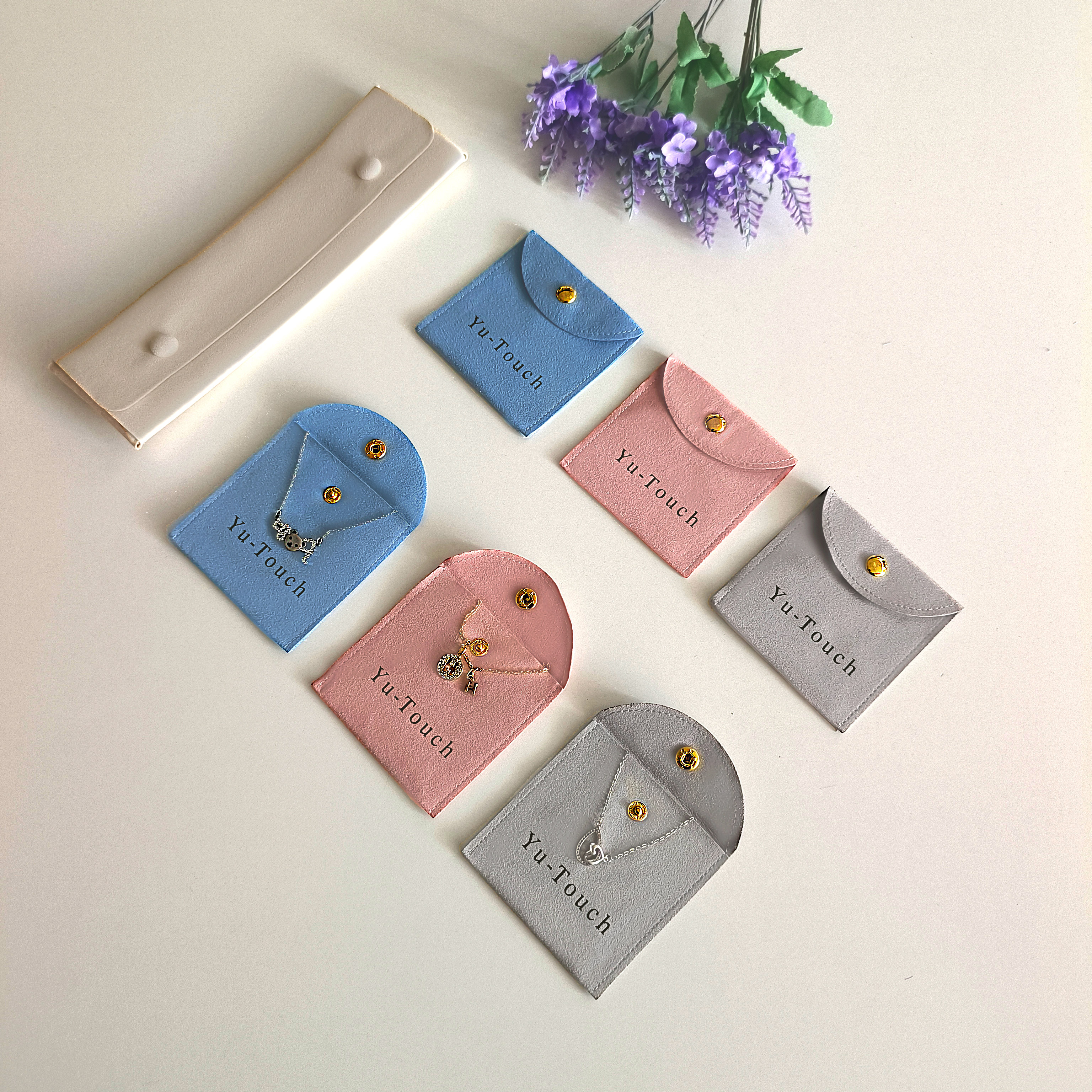 High End Custom logo Microfiber Suede Button Jewelry Pouch Blue Pink Velvet Jewelry Gift Bag Pouch with logo