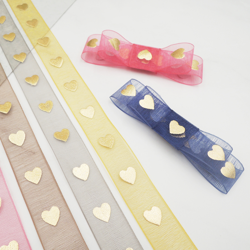 Custom Gold Foil Sheer Organza Printed Customised 5/8 Inch Black Polyester Foiled Tulle Organza Ribbon Roll With Printing