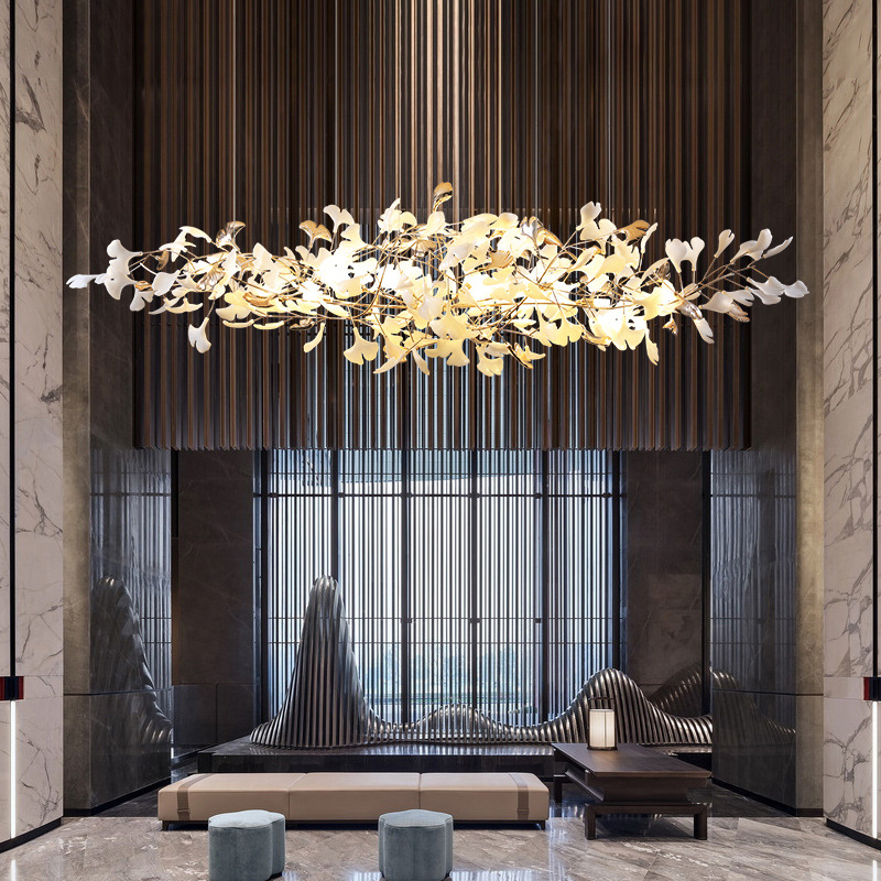 Custom Modern Gold Ginkgo Leaf Pendant Fixture Artistic Branch Design Hotel Lobby Ceiling Light Chandelier Decorative for Lobby