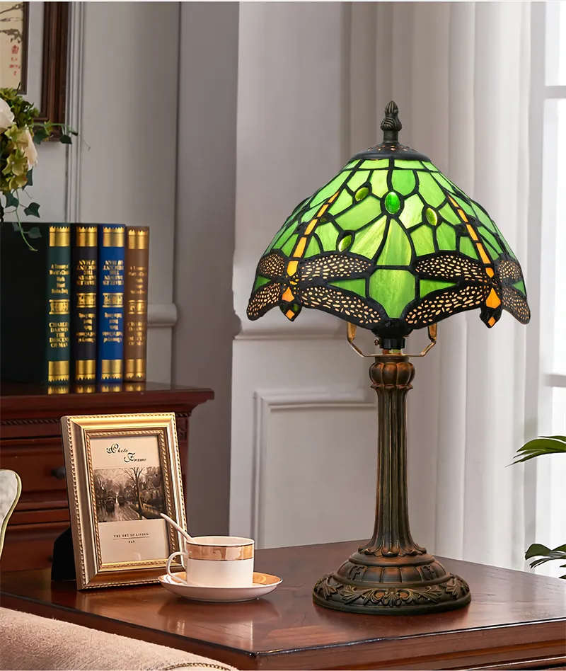 Antique Tiffany Desk Light Multi Color Glass Shade Table Lamp